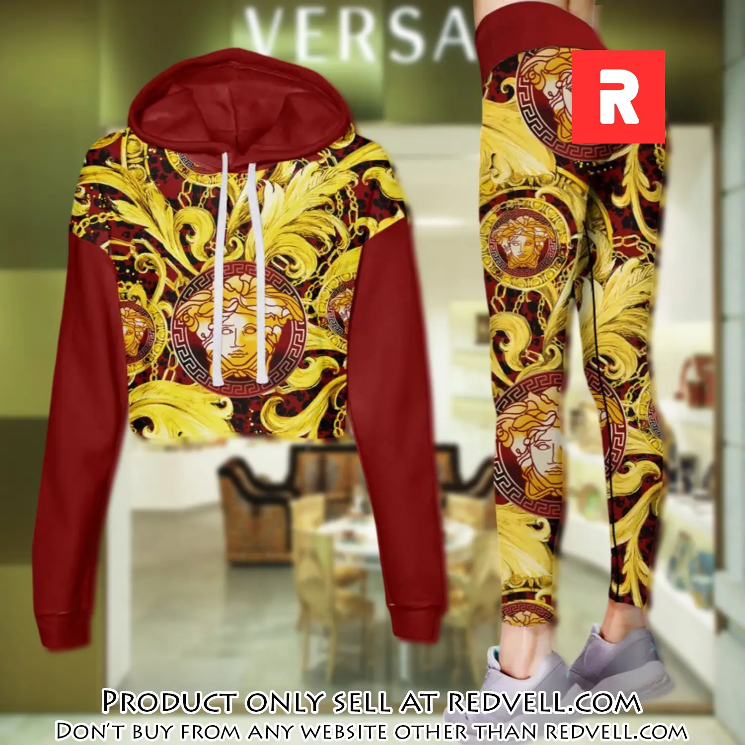 Versace golden medusa red luxury brand clothes leggings and crop top set for women rv4500953